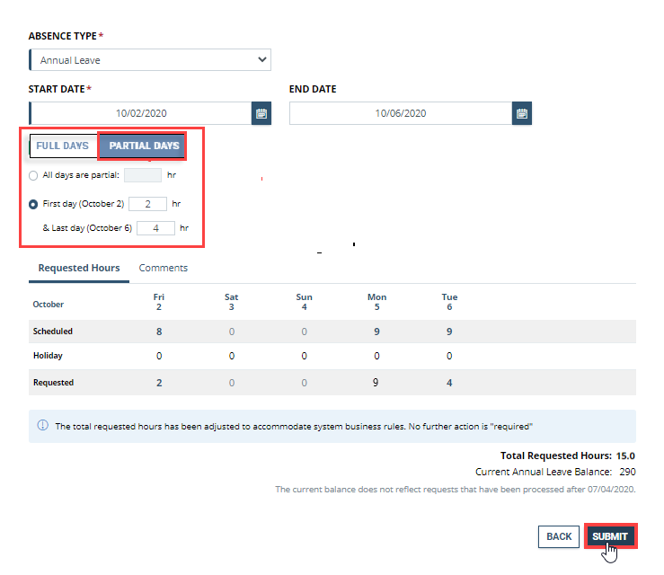 Screenshot of the Absence Type screen with Partial days, Submit highlighted