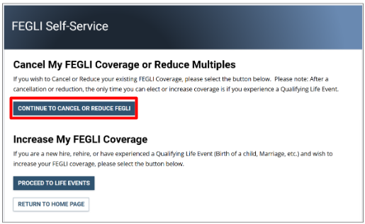 Screenshot of FEGLI self service page with CONTINUE TO CANCEL OR REDUCE FEGLI highlighted