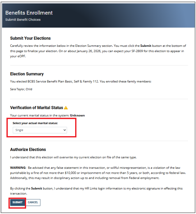 Screenshot of the Submit Your Elections screen with select marriage status and submit button highlighted
