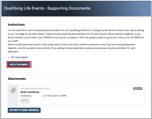Screenshot of the family member Information page with add attachment button highlighted