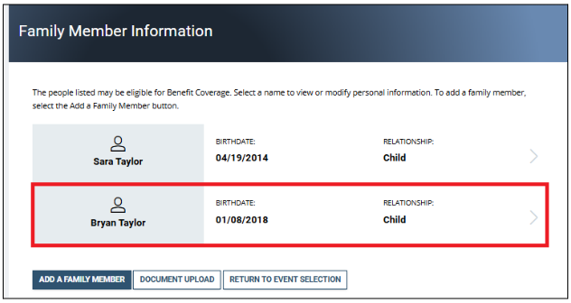 Screenshot of the Enroll Your family members screen with family member selected