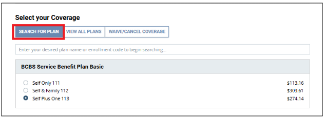 Screenshot of the select your coverage screen with search for plan highlighted