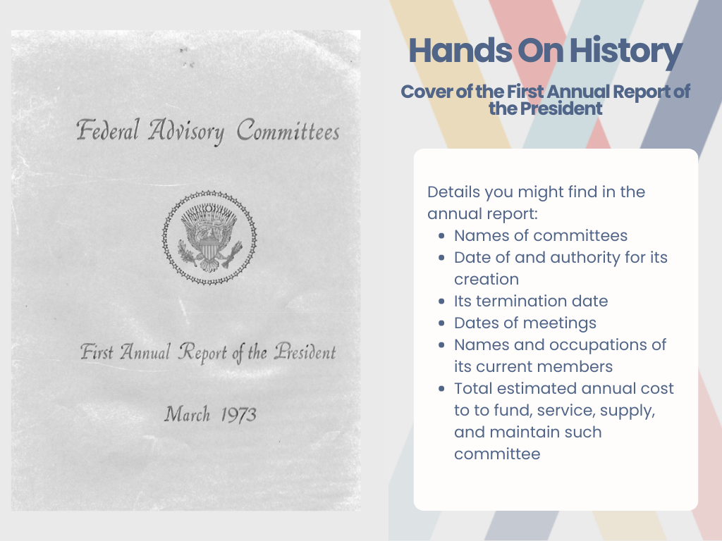 Graphic titled Hands On History, Cover of the First Annual Report of the President, with the text "The 1973 annual report"