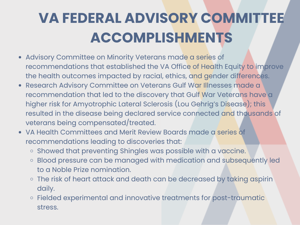 Graphic titled "VA Federal Advisory Committee Accomplishments" with bullet points.