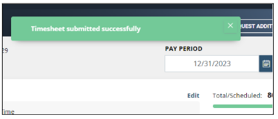 Screenshot of the successfully submitted your timesheet message