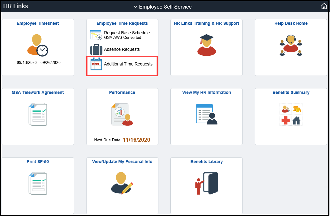Screenshot of Employee Self Service homepage with Additional Time Requests highlighted