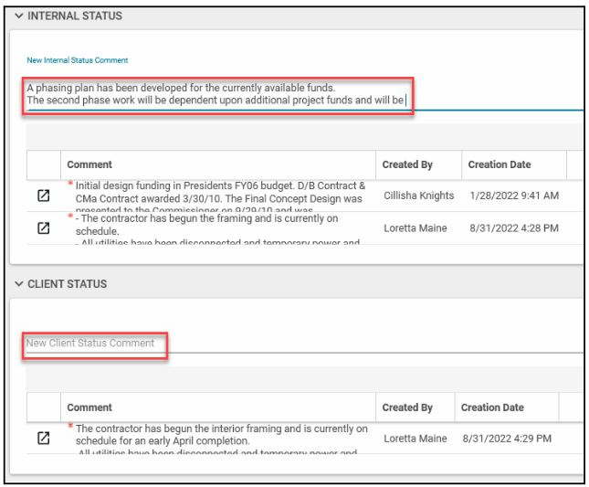 Screenshot of the internal status screen with comments highlighted
