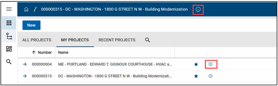 Screenshot of the project finder screen with details button highlighted