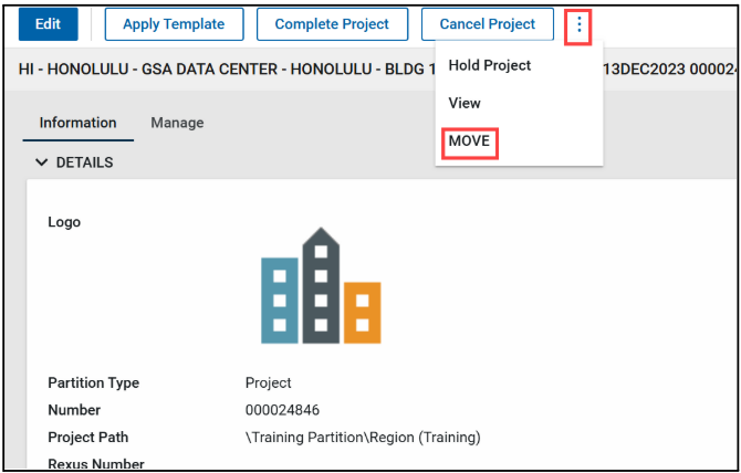 Screenshot of the Project Details screen with dropdown expanded and move button highlighted