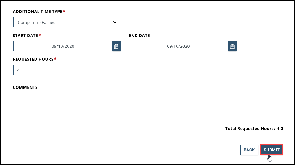 Screenshot of Additional Time page with Submit button highlighted
