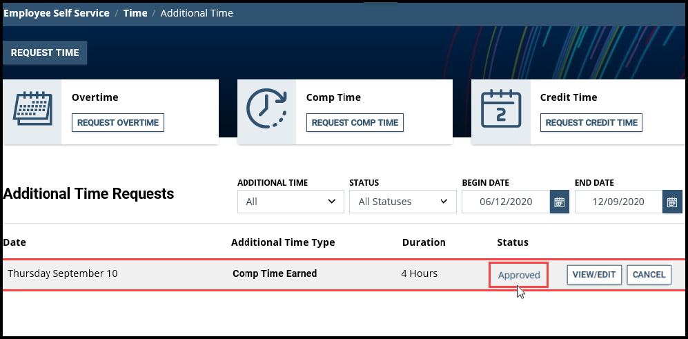 Screenshot of Additional Time page showing approved status