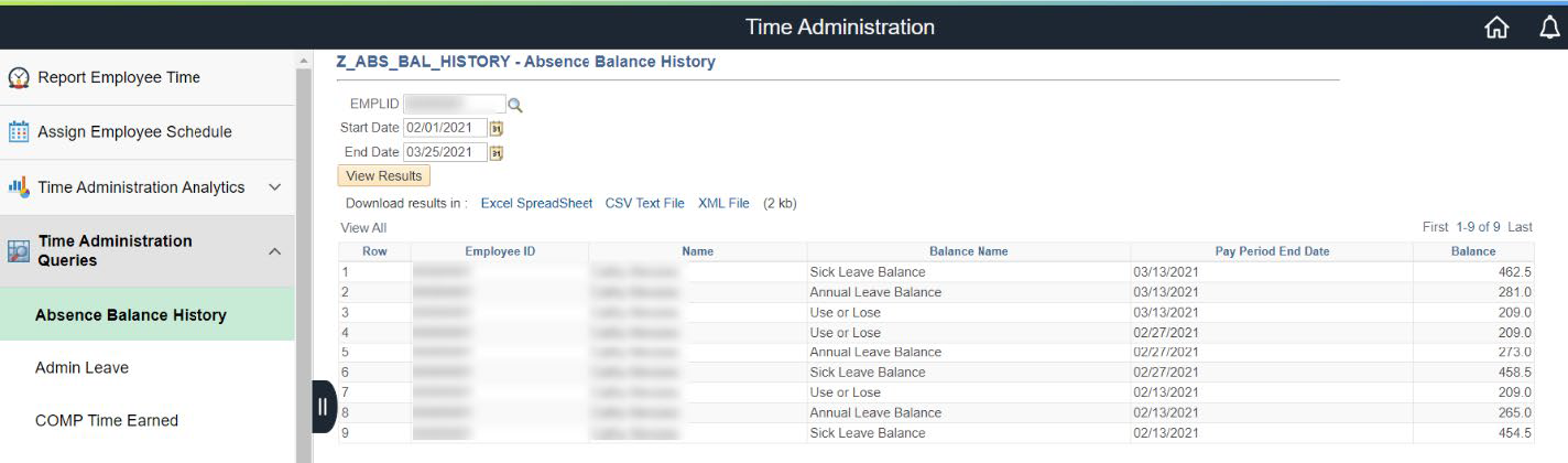 Screenshot of the Time Administration page with the View Results highlighted