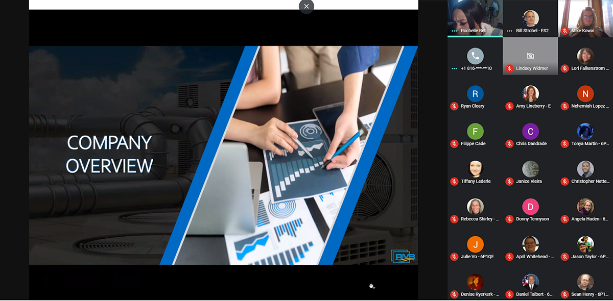 Screen shot of Google Meet with presentation slide saying "company overview" and attendees.