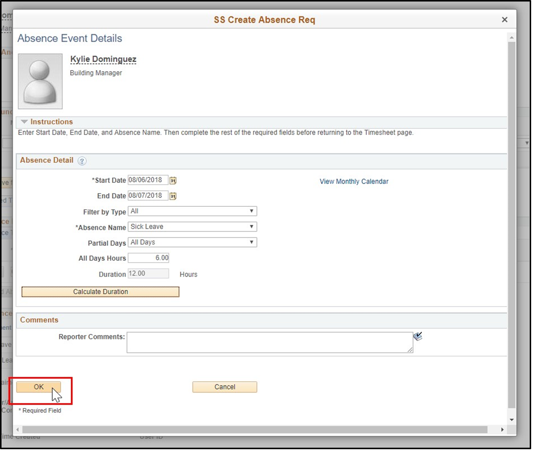 Timesheet entry of absence events details with OK button highlighted