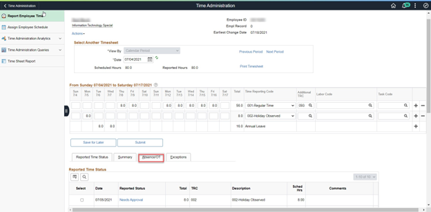 Timesheet entry with absence or overtime button highlighted
