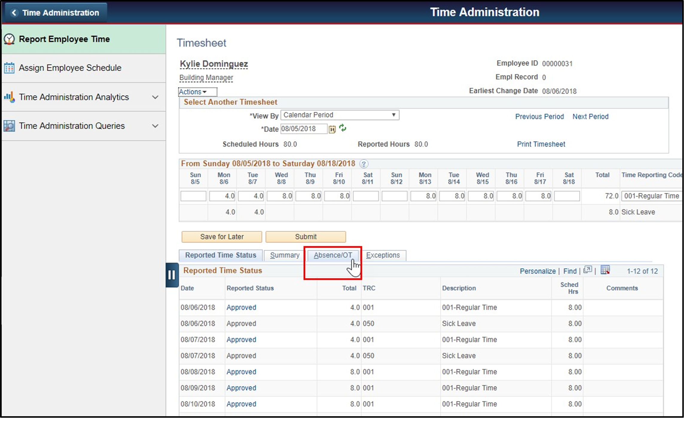 Timesheet entry with absence/OT button highlighted