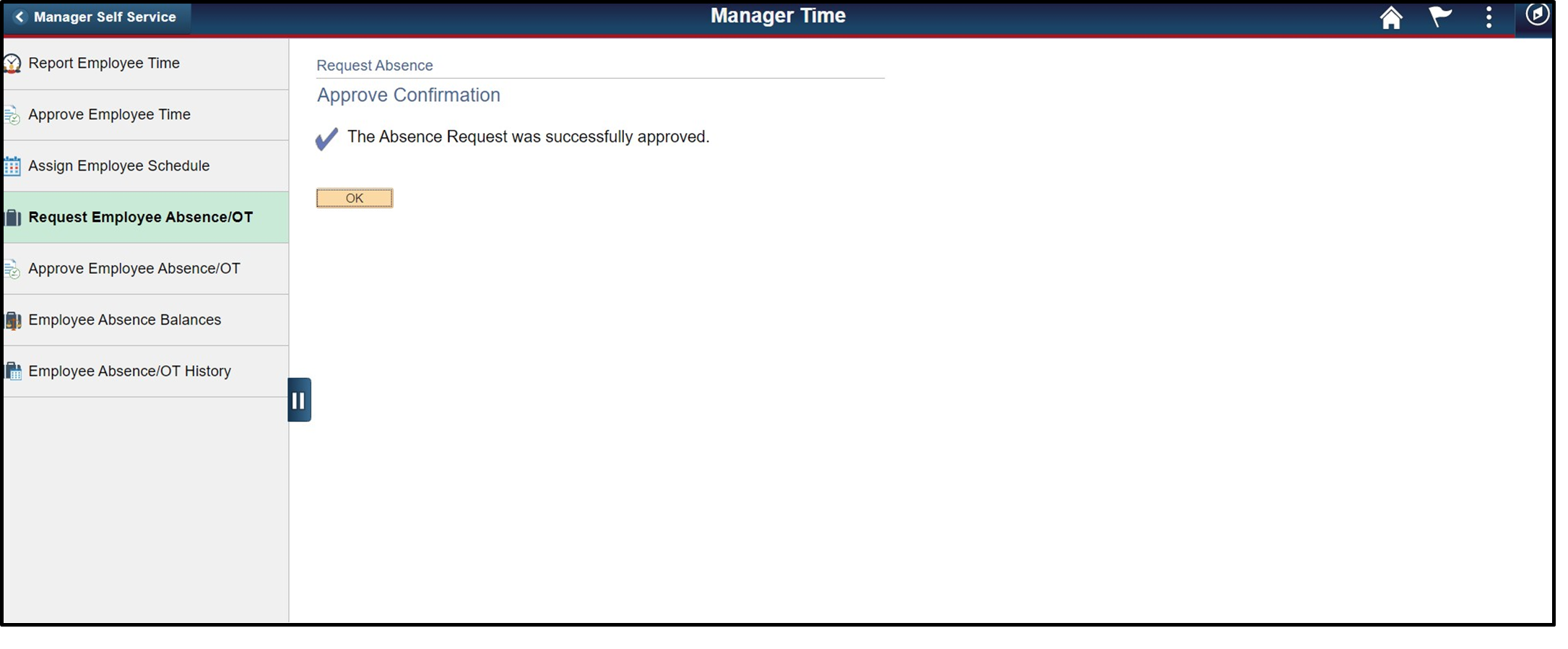 Timesheet entry with absence request approved and OK button highlighted