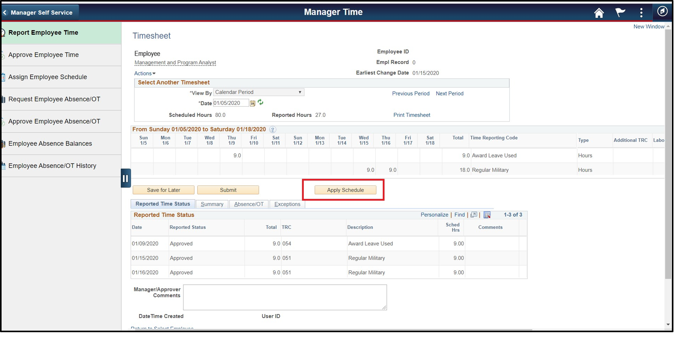 Timesheet entry for employee with apply schedule button highlighted
