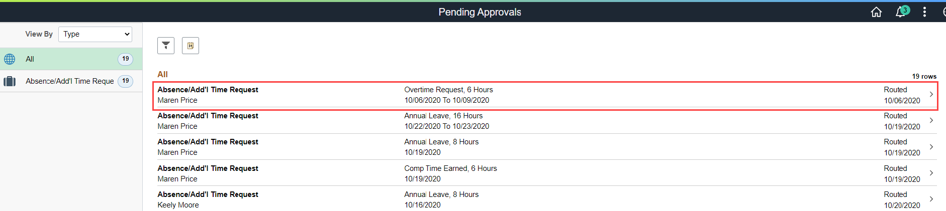 Screenshot of the pending approvals page with employee highlighted