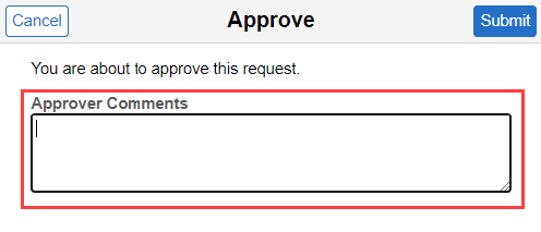 Screenshot of the approve request dialog box with approve comments highlighted