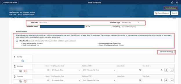 Time entry with base schedule, schedule type, clear all hours, and new schedule highlighted