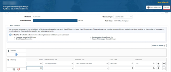 Timesheet entry with base schedule scheduled hours with submit button highlighted