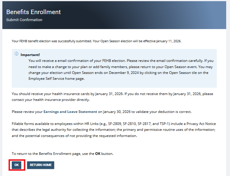 Benefits enrollment page with OK button highlighted to submit confirmation