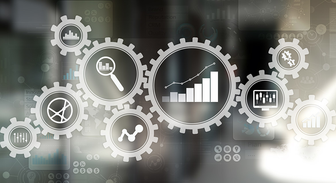 Stylized illustrated graphic with many interlocking gears and charts and icons