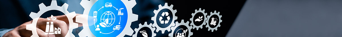 Gears with sustainability design icons in them floating, with a hand pointing to one