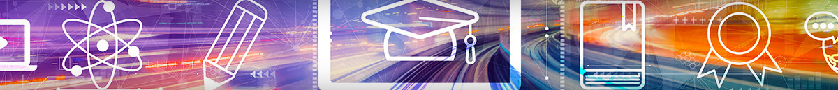 Learning icons like a pencil and ribbon in white with a colorful background of a road and motion