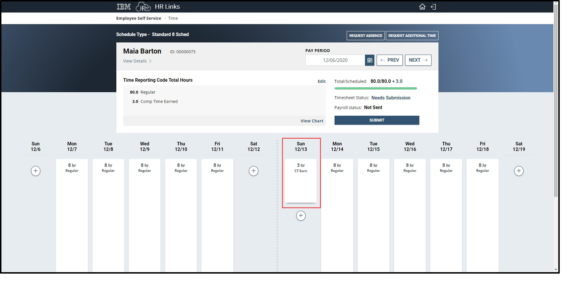 Timesheet entry showing comp time displayed and how to submit
