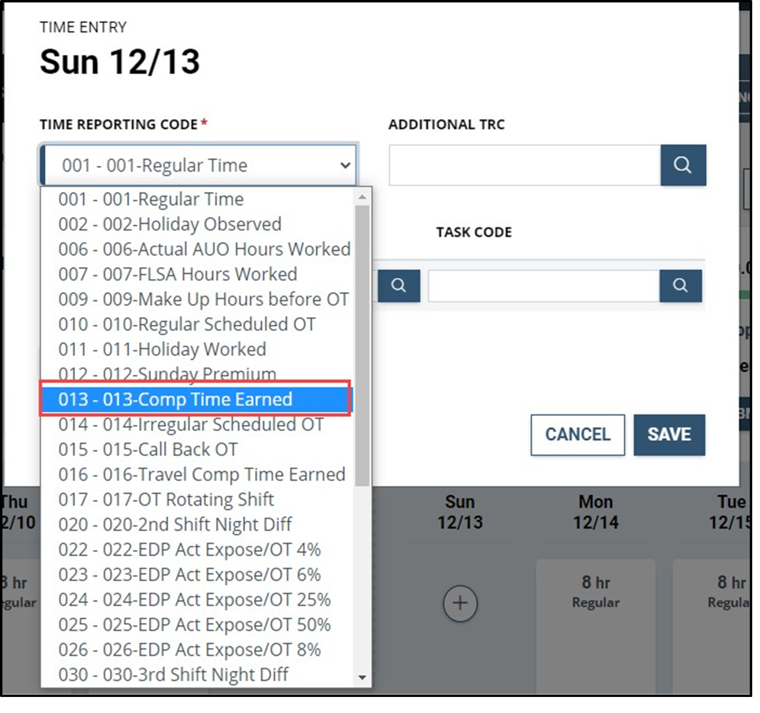Dropdown menu showing comp time earned highlighted