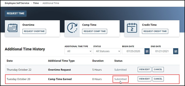 Comp time entry showing date, duration, and status, and submitted button highlighted