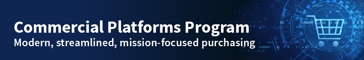 Text Commercial Platforms, modern, streamlined, mission-focused purchasing in white on dark blue background with abstract cart icon on right