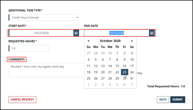 Credit hours entry showing start date, end date, and comments highlighted