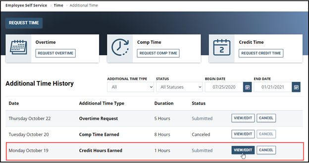 Credit hours entry with date, duration, and status highlighted with mouseover on view/edit button