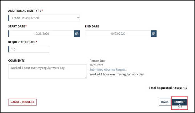 Credit hours entry showing submit button highlighted