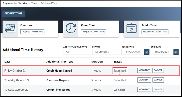 Credit hours entry with date, duration, status, and submitted button highlighted