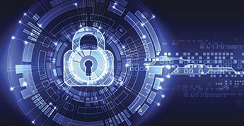 Abstract lock with circles of tech and binary images around it