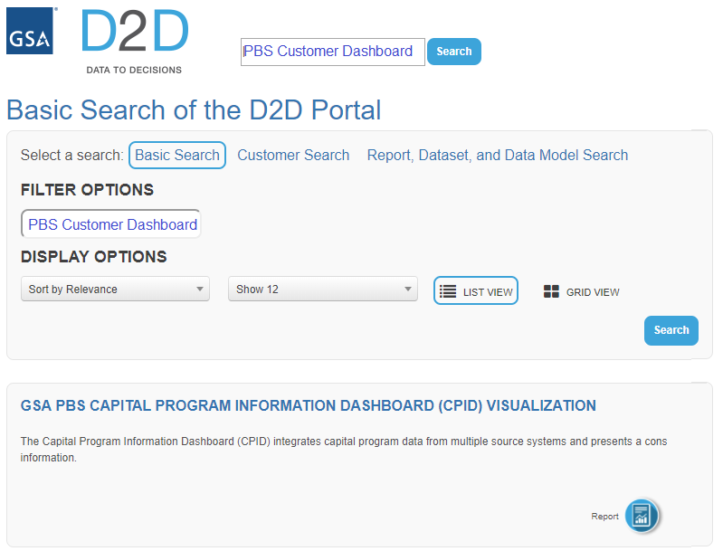 Screen shot of the basic search of the D2D Portal