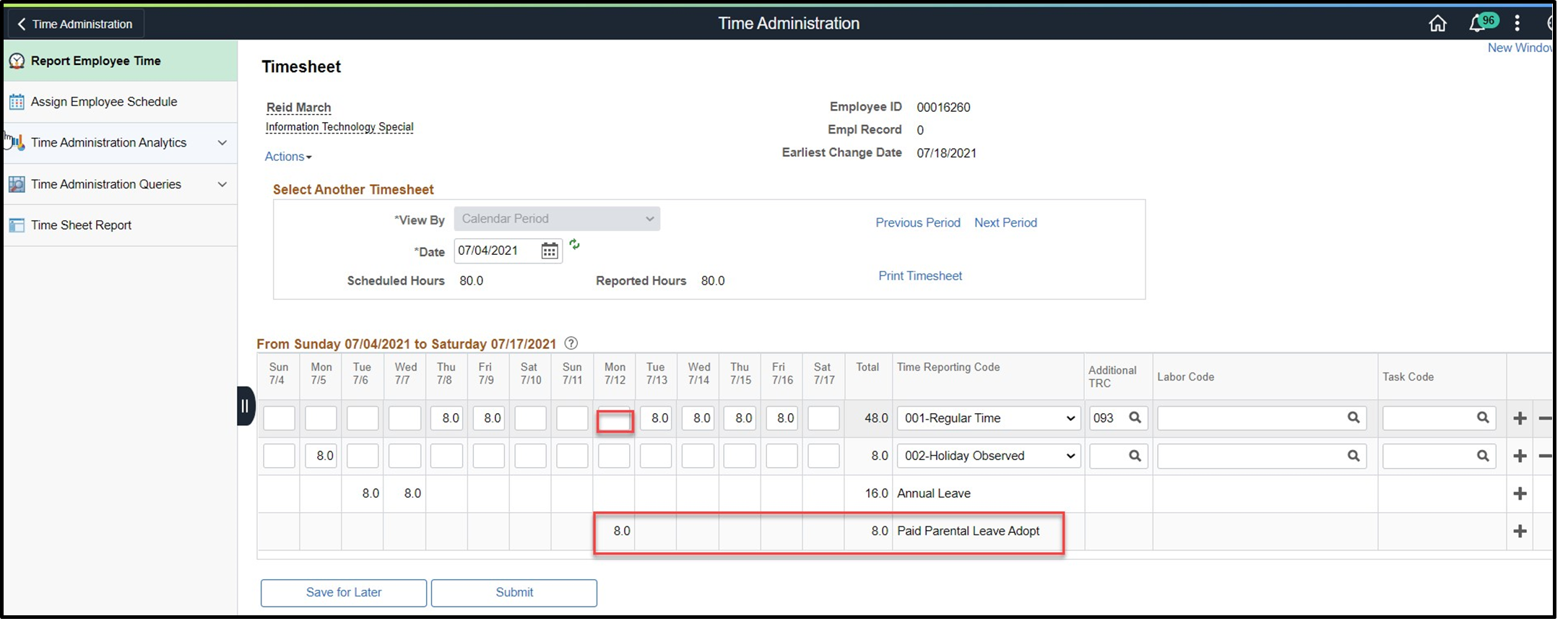 Timesheet entry with date, total hours, and paid parental leave time reporting code highlighted
