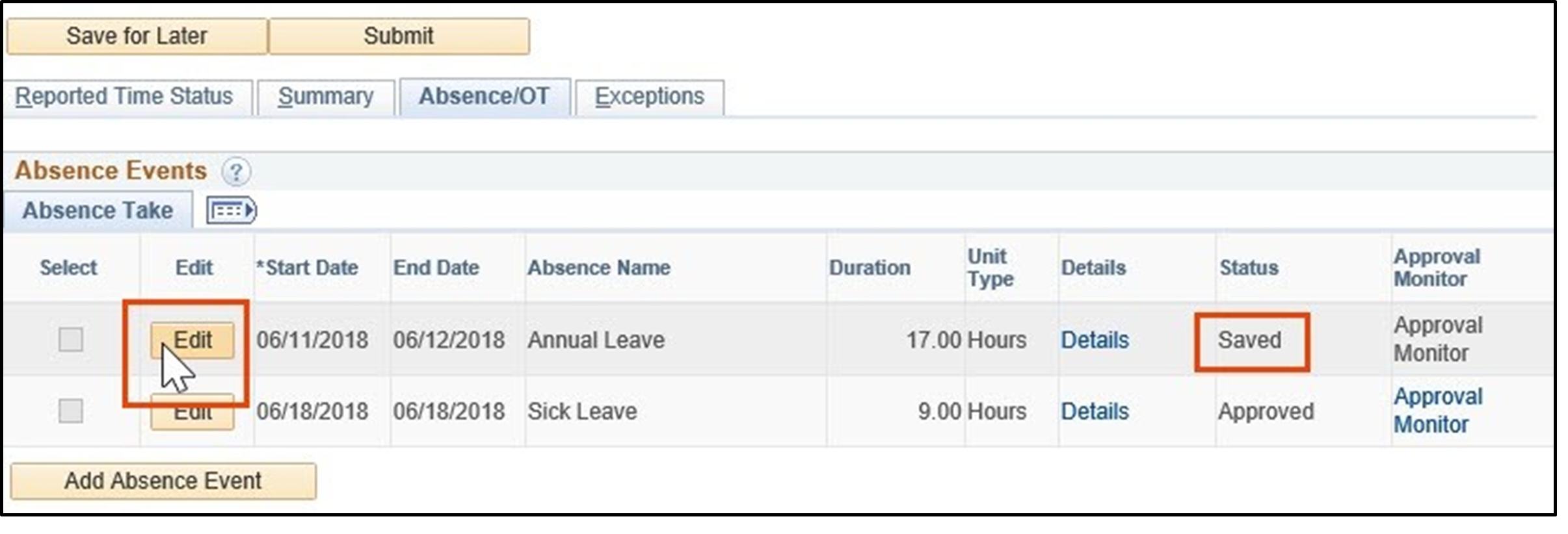 Timesheet entry for absence request with edit button and saved status highlighted
