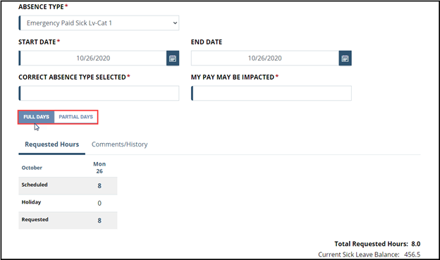 Timesheet entry with full days and partial days highlighted for emergency sick leave