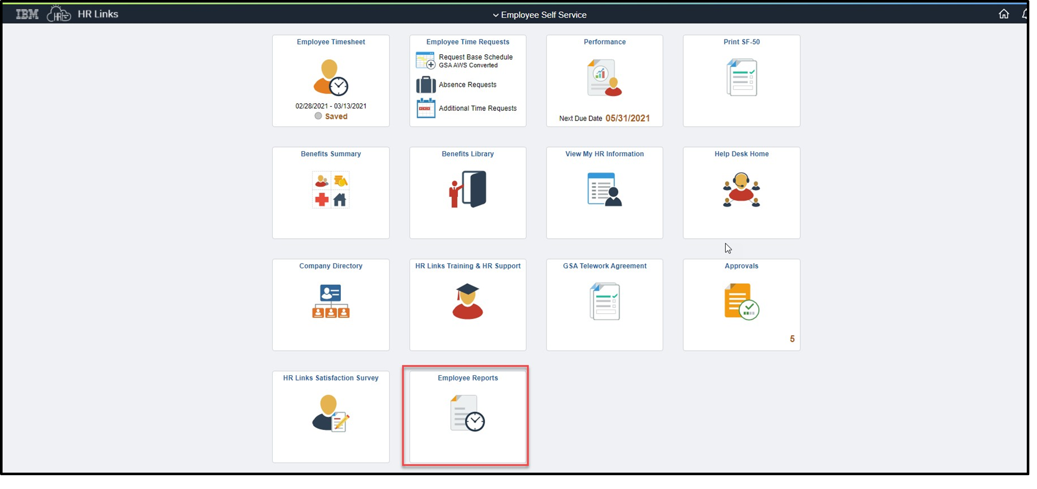 Timesheet entry with employee reports tile highlighted