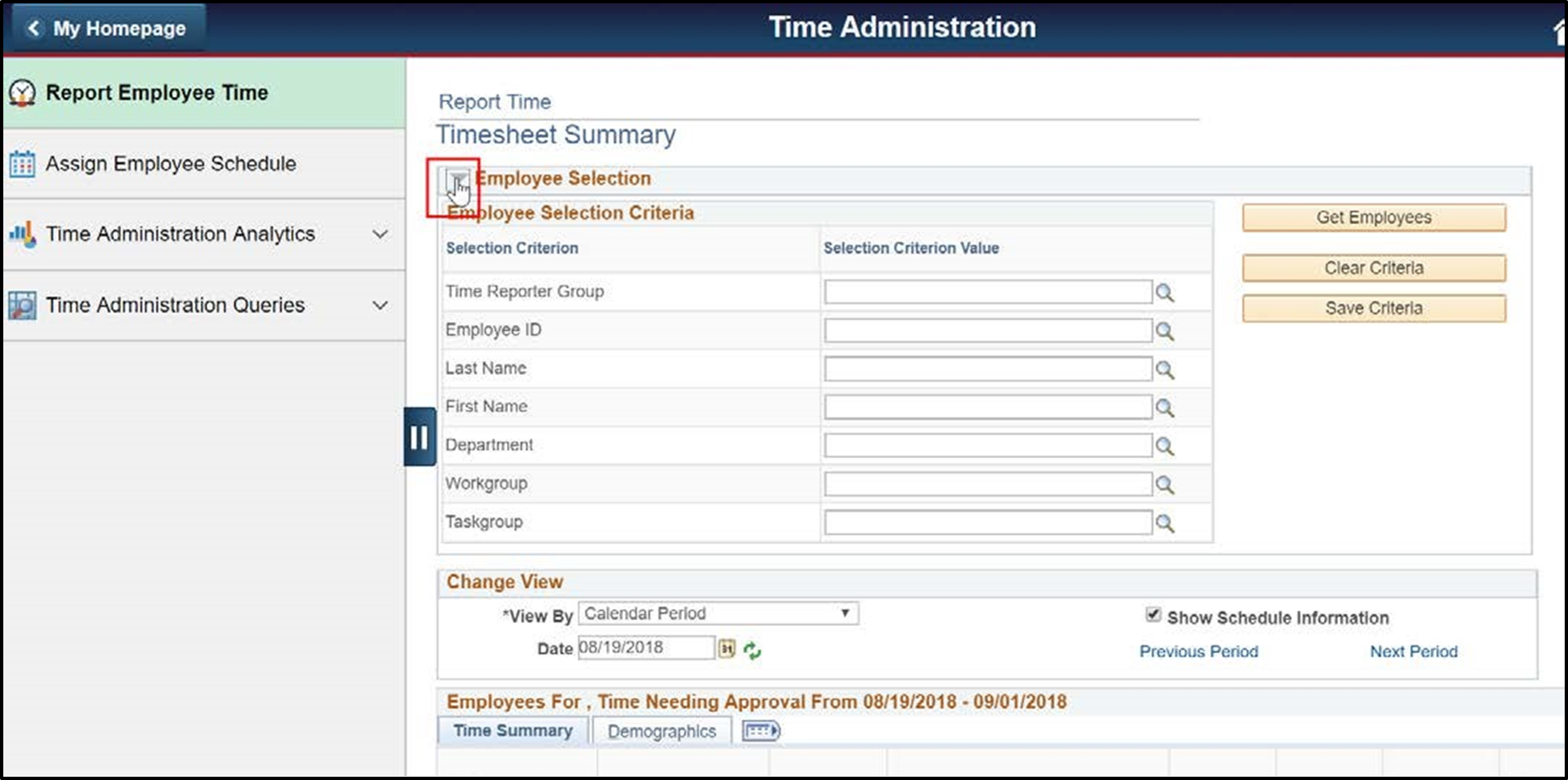 Timesheet entry with employee selection arrow highlighted