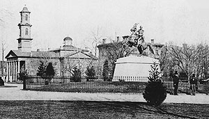 Earliest known photograph of the Jackson equestrian statue is dated c. 1855. It is in the collection of Saint John’s Episcopal Church, which can be seen beyond the park on H Street. Circa 1855.