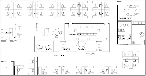 A floor plan layout diagram of an office space. In the center are several conference and focus rooms of varying sizes. Surrounding this inner center area