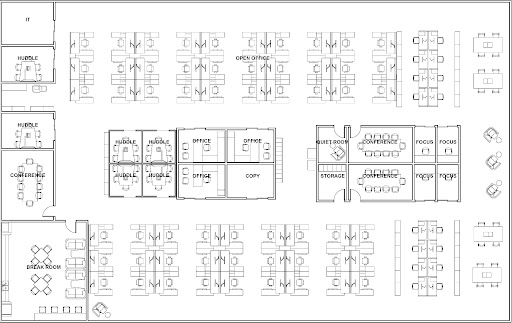 A floor plan layout diagram of a large office space. In the center are four huddle rooms