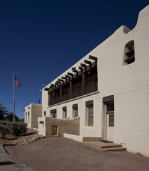 The Naco Arizona Border Inspection Station, an example of Pueblo Revival style architecture.