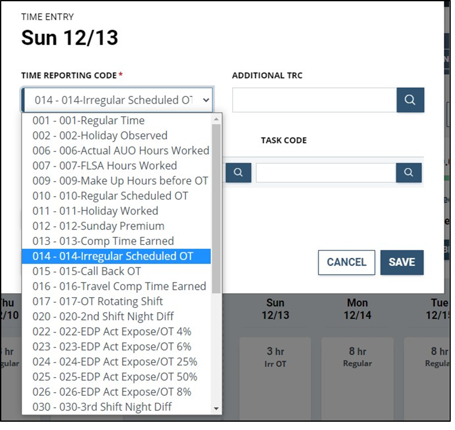 Dropdown menu with 014 - 014-Irregular Scheduled OT highlighted